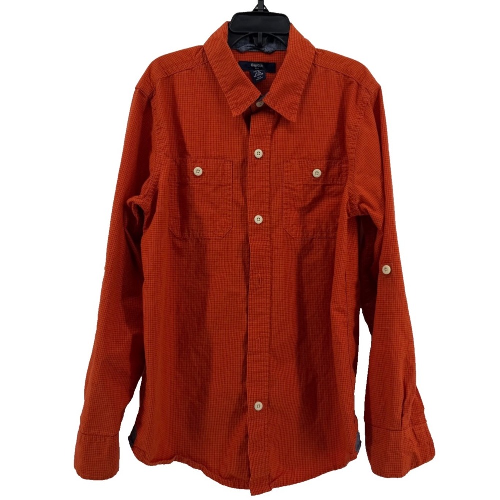 Gap Kids Cotton Button Front Shirt Boys Size M 8 9 Orange Check Roll Tab Sleeve